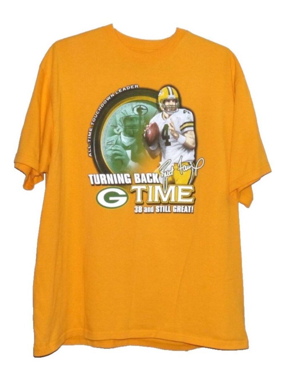 Reebok Green Bay Packers #4 Brett Favre gold 100% cotton T Shirt men's size XL